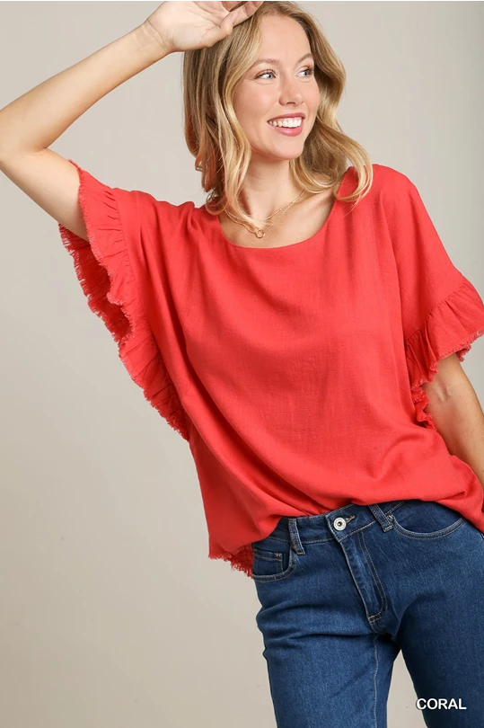 Ruffle Sleeves Top with Frayed Hem-Coral