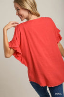 
              Ruffle Sleeves Top with Frayed Hem-Coral
            