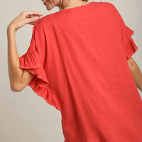 Ruffle Sleeves Top with Frayed Hem-Coral