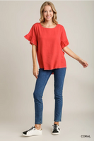 
              Ruffle Sleeves Top with Frayed Hem-Coral
            
