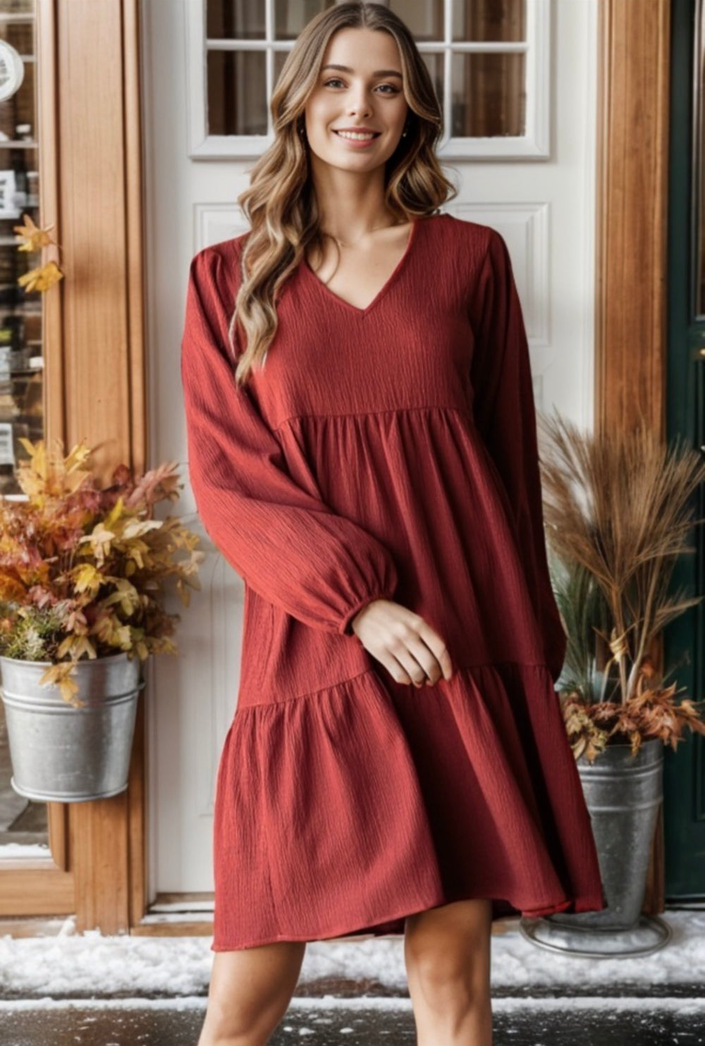 Cinnamon Puff Sleeve Tiered Dress