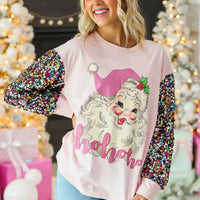 Santa on Pink Long Sleeve Tee with Sequin Sleeves