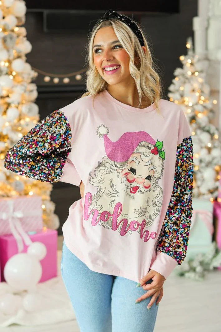 Santa on Pink Long Sleeve Tee with Sequin Sleeves