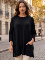 
              Curly Rib Oversized Boyfriend Tee w/ Front Pockets-Black
            