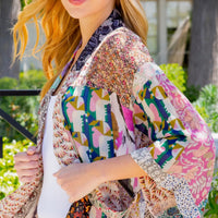 Floral Print Boho Puff Sleeve Kimono