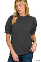 
              Raised Rib Puff Sleeve Top-Black
            