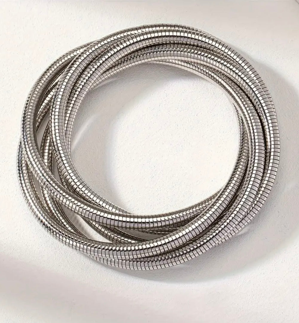 Layered Twist Spring Bracelet Set-Silver