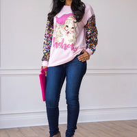 Santa on Pink Long Sleeve Tee with Sequin Sleeves