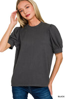 
              Raised Rib Puff Sleeve Top-Black
            