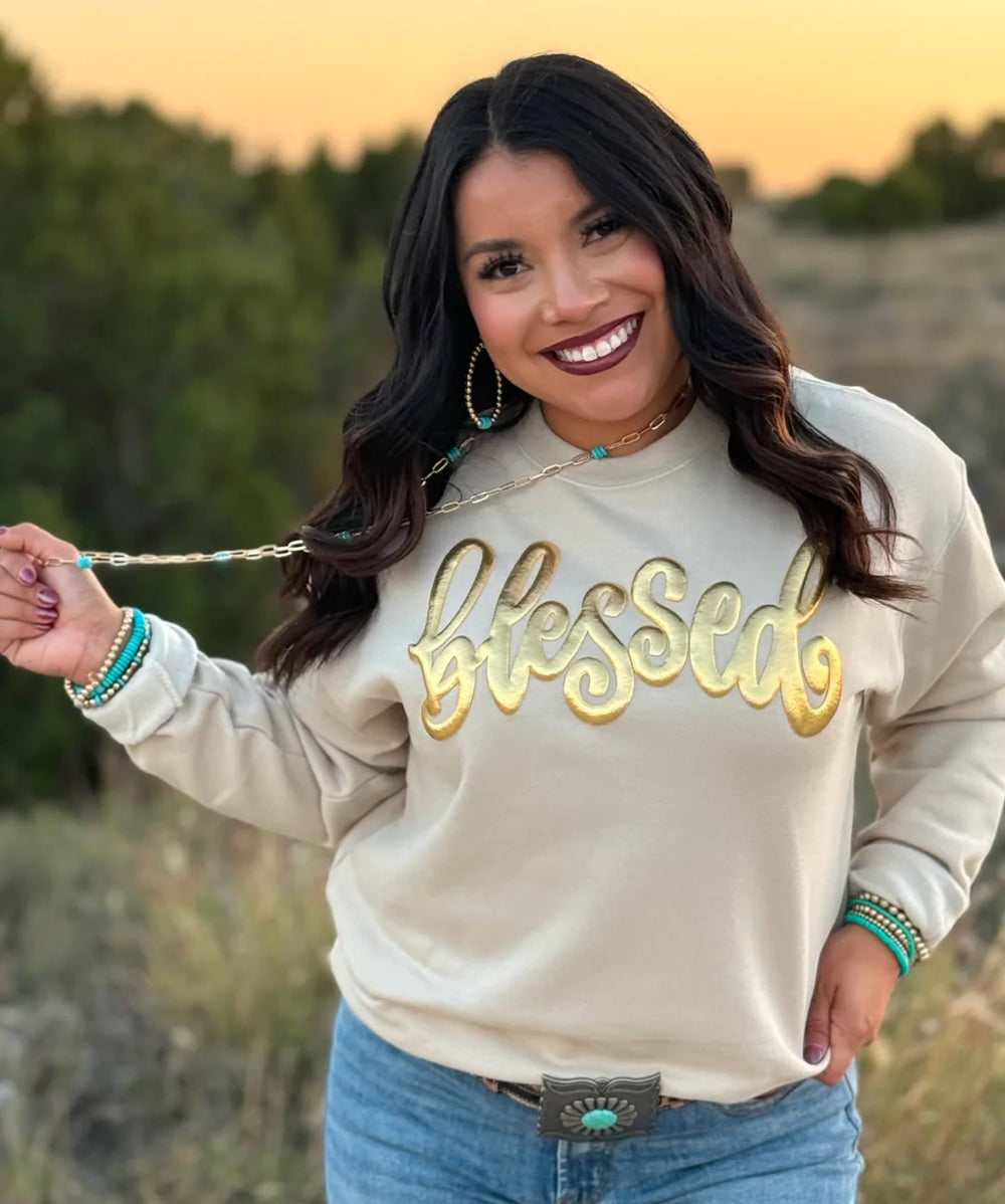 Blessed Sweatshirt in Gold Metallic Puff