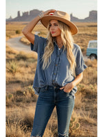 
              Frayed Trim Denim Button Top - Women's Casual Denim Shirt
            
