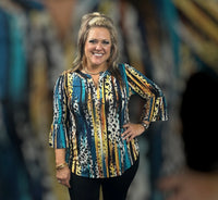 
              Ruffle Sleeves Lizzy Teal Multi Tunic Top
            