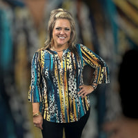 Ruffle Sleeves Lizzy Teal Multi Tunic Top