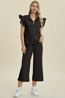 
              Double Take Full Size Texture Ruffle Short Sleeve Top and Wide Leg Pants Set
            