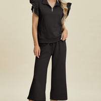 Double Take Full Size Texture Ruffle Short Sleeve Top and Wide Leg Pants Set