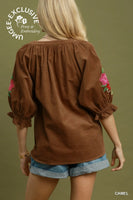 
              Camel Embroidered Sleeve Corduroy Top
            