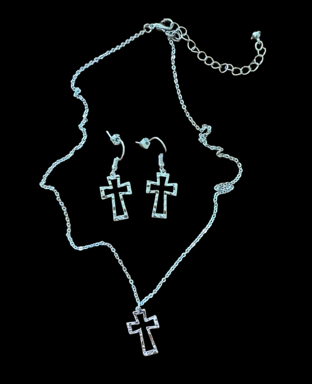 Silver Cross Necklace and Earring Set