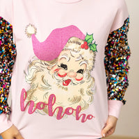 Santa on Pink Long Sleeve Tee with Sequin Sleeves