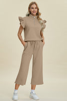 
              Double Take Full Size Texture Ruffle Short Sleeve Top and Wide Leg Pants Set
            