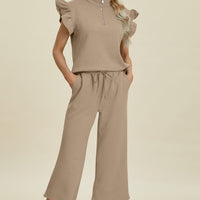 Double Take Full Size Texture Ruffle Short Sleeve Top and Wide Leg Pants Set