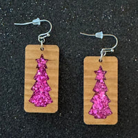 Glitter Acrylic & Wood Earrings-Christmas Tree