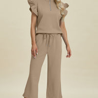 Double Take Full Size Texture Ruffle Short Sleeve Top and Wide Leg Pants Set