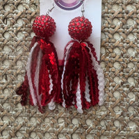Sequin Tassel Earrings-Red & White Mix w/Pave Bead