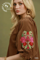 
              Camel Embroidered Sleeve Corduroy Top
            