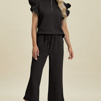 Double Take Full Size Texture Ruffle Short Sleeve Top and Wide Leg Pants Set