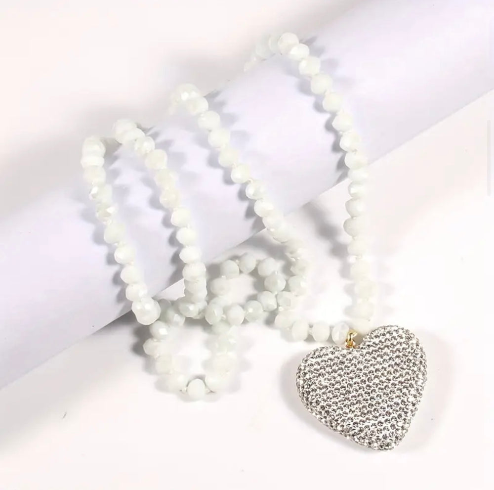 Crystal Bead Heart Necklace-White