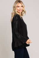
              Embroidered Sleeve Casual Top-Black
            