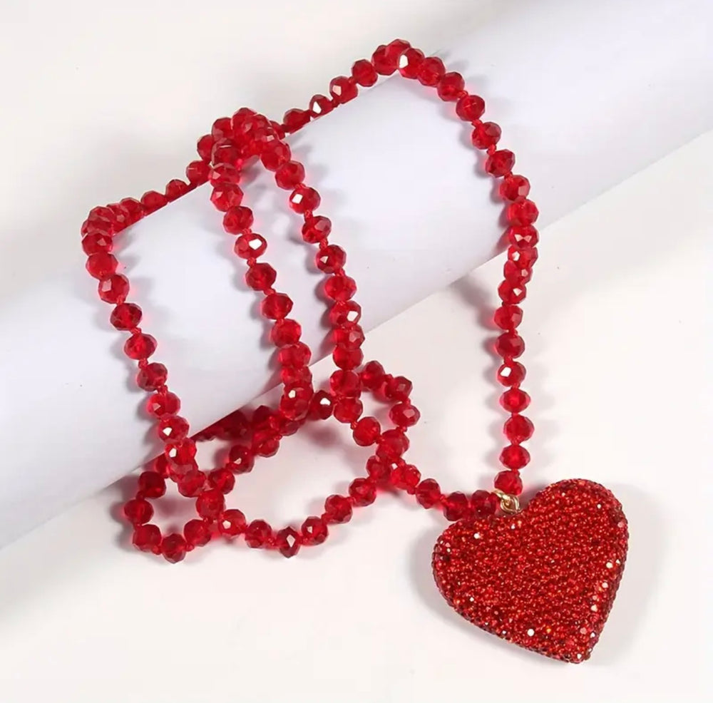 Crystal Bead Heart Necklace-Red