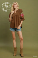 
              Camel Embroidered Sleeve Corduroy Top
            