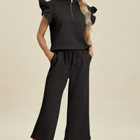 Double Take Full Size Texture Ruffle Short Sleeve Top and Wide Leg Pants Set