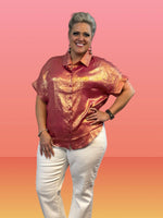 
              $10! Rose Red Metallic Button Up Shirt
            