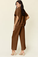 
              Double Take Full Size Texture Half Zip Short Sleeve Top and Pants Set-Dropship
            