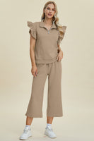 
              Double Take Full Size Texture Ruffle Short Sleeve Top and Wide Leg Pants Set
            