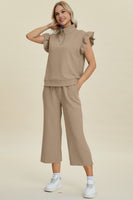 
              Double Take Full Size Texture Ruffle Short Sleeve Top and Wide Leg Pants Set
            