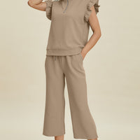 Double Take Full Size Texture Ruffle Short Sleeve Top and Wide Leg Pants Set