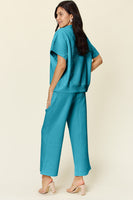 
              Double Take Full Size Texture Half Zip Short Sleeve Top and Pants Set-Dropship
            