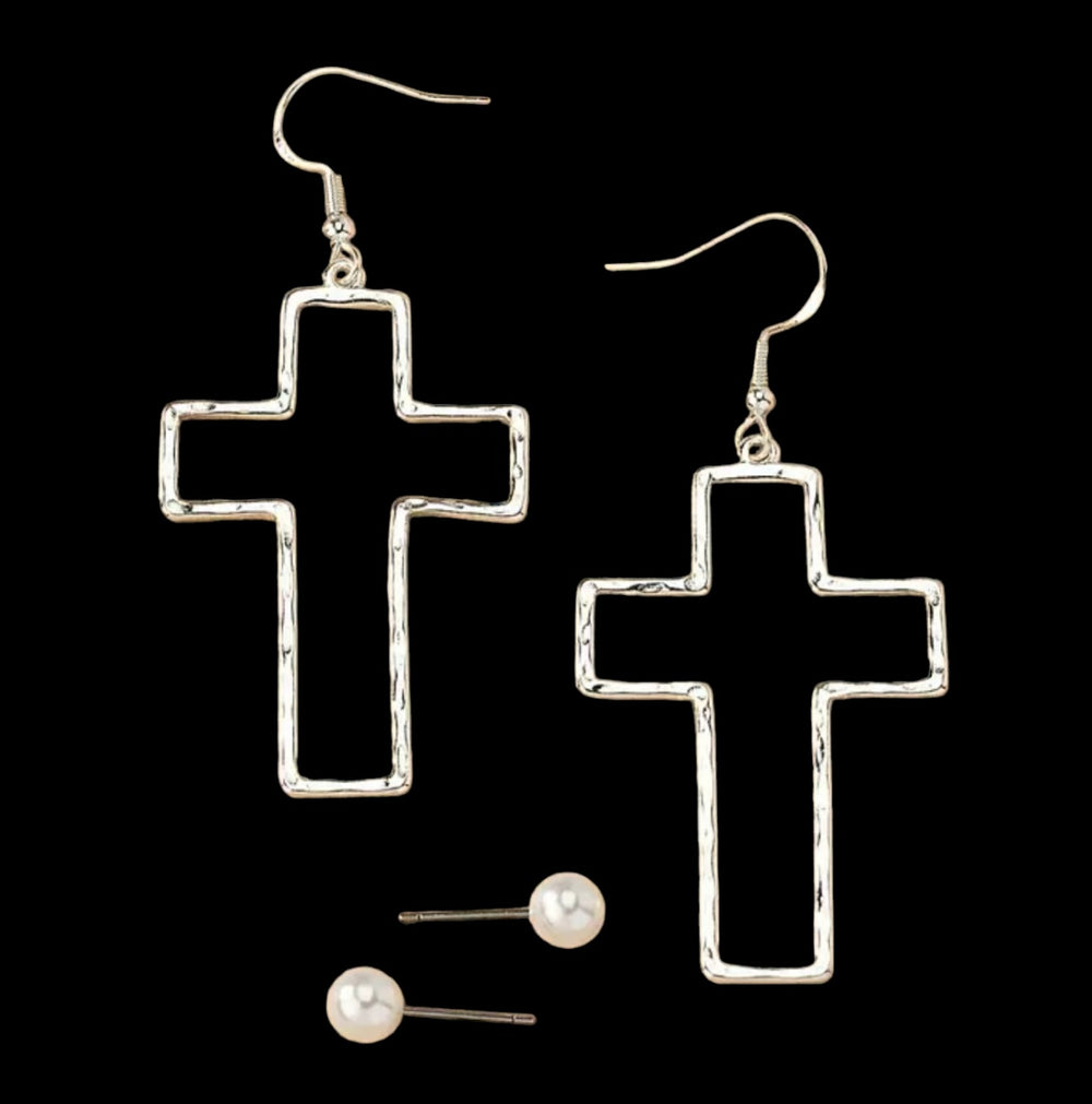 Silver Cross and Pearl Earring Set