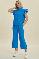 
              Double Take Full Size Texture Ruffle Short Sleeve Top and Wide Leg Pants Set
            