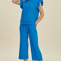 Double Take Full Size Texture Ruffle Short Sleeve Top and Wide Leg Pants Set