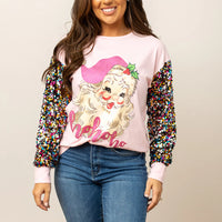 Santa on Pink Long Sleeve Tee with Sequin Sleeves