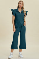 
              Double Take Full Size Texture Ruffle Short Sleeve Top and Wide Leg Pants Set
            