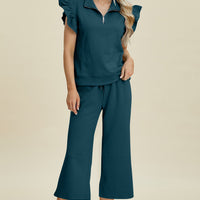 Double Take Full Size Texture Ruffle Short Sleeve Top and Wide Leg Pants Set