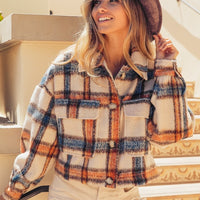 BiBi Brushed Plaid Crop Jacket with Pockets