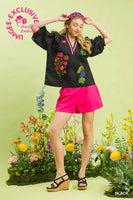 
              Black Embroidered Floral V-Neck Blouse
            