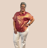 
              $10! Rose Red Metallic Button Up Shirt
            