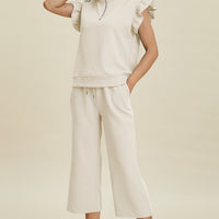 Double Take Full Size Texture Ruffle Short Sleeve Top and Wide Leg Pants Set